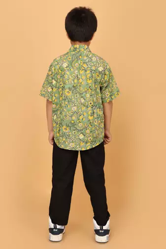 Green florals block print cotton boys shirt