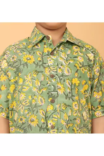 Green florals block print cotton boys shirt