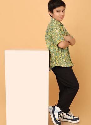Green florals block print cotton boys shirt 4