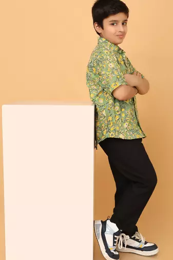 Green florals block print cotton boys shirt