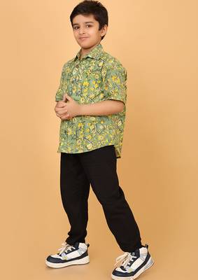 Green florals block print cotton boys shirt 5