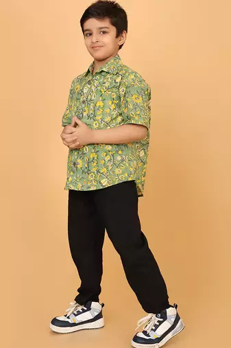 Green florals block print cotton boys shirt