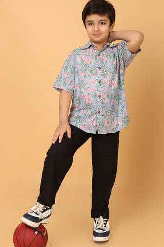 Light blue floral print cotton shirt for boys