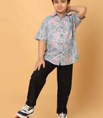 Light blue floral print cotton shirt for boys