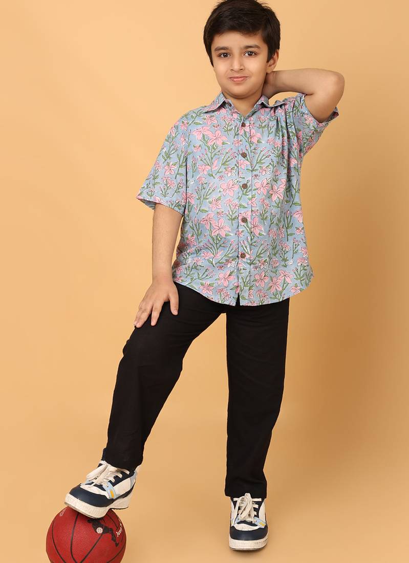 Light blue floral print cotton shirt for boys