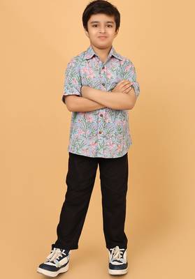 Light blue floral print cotton shirt for boys 2