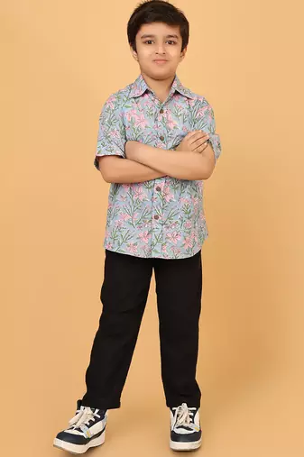 Light blue floral print cotton shirt for boys