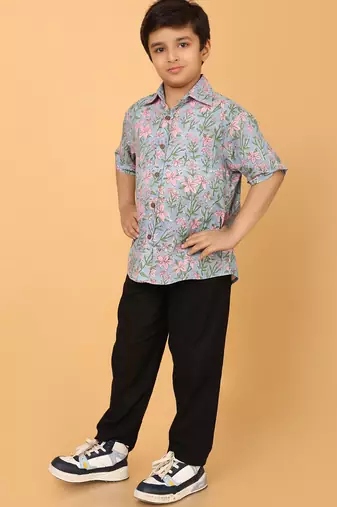 Light blue floral print cotton shirt for boys