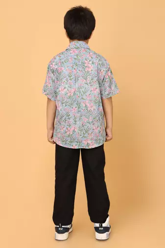 Light blue floral print cotton shirt for boys