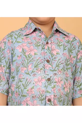 Light blue floral print cotton shirt for boys