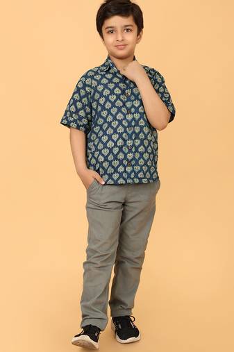 Blue ajrakh print cotton shirt for boys