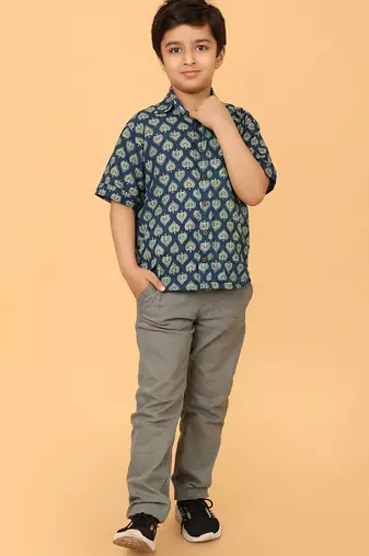 Blue ajrakh print cotton shirt for boys