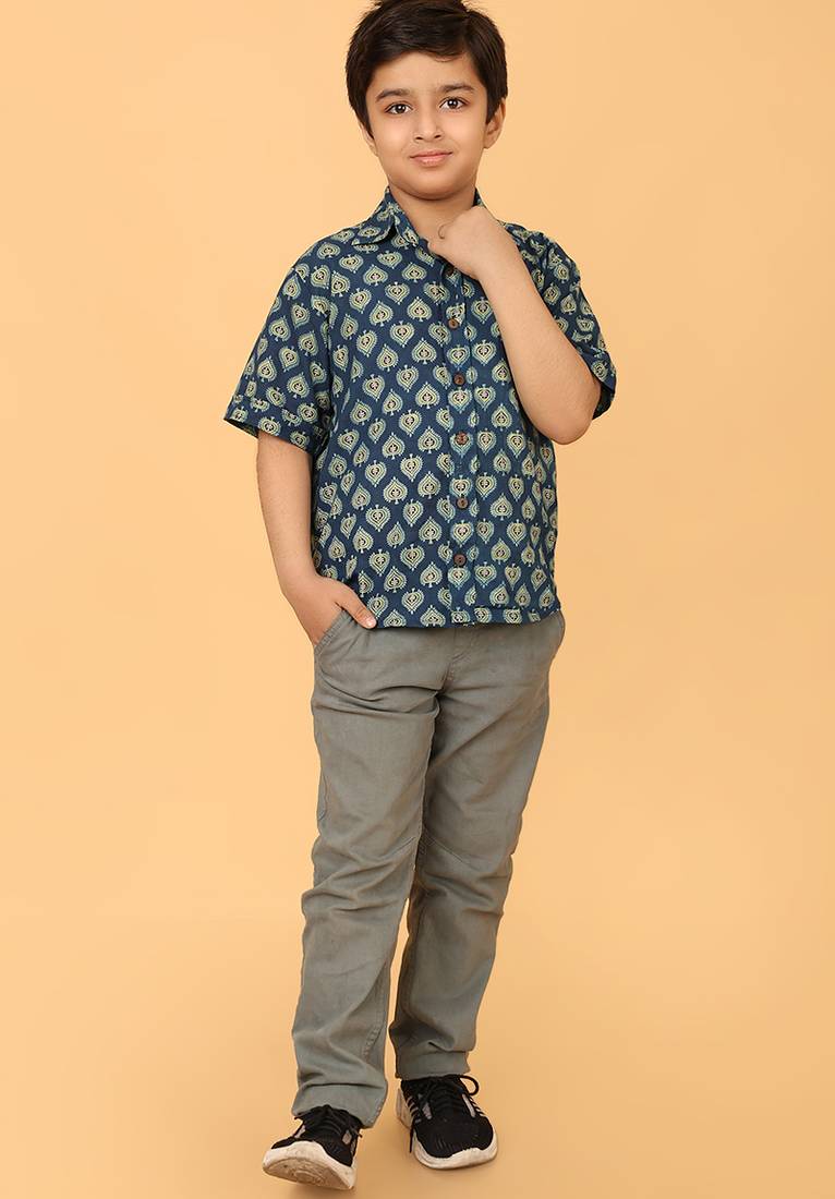 Blue ajrakh print cotton shirt for boys