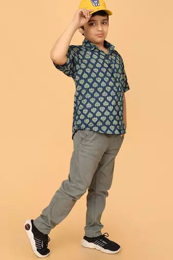 Blue ajrakh print cotton shirt for boys