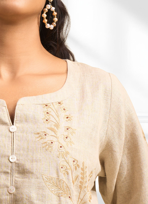 Women's linen beige embroidered short kurta with pant 4