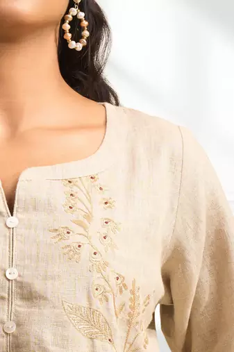 Women's linen beige embroidered short kurta with pant