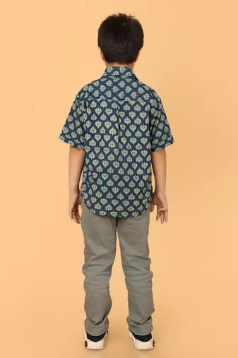 Blue ajrakh print cotton shirt for boys