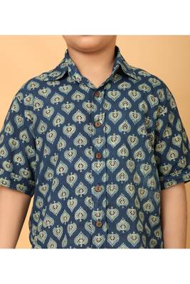 Blue ajrakh print cotton shirt for boys 4