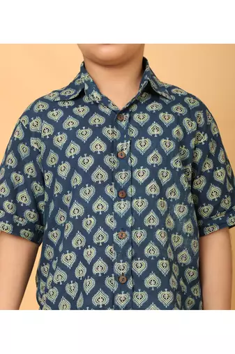 Blue ajrakh print cotton shirt for boys