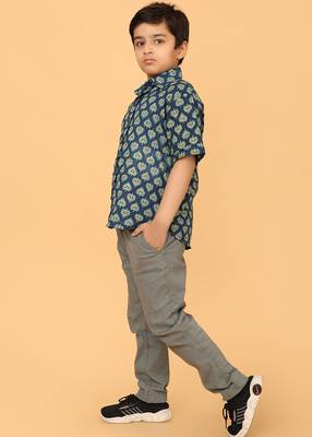 Blue ajrakh print cotton shirt for boys 5