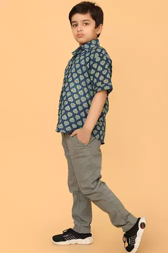 Blue ajrakh print cotton shirt for boys