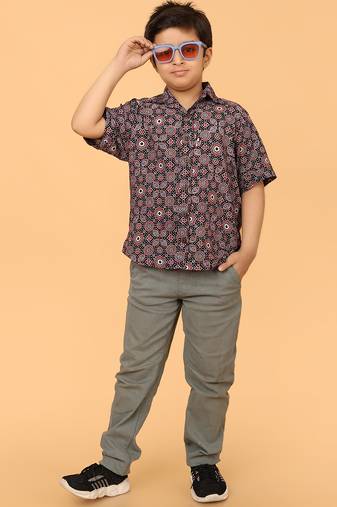 Black ajrakh print cotton shirt for boys