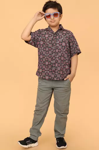 Black ajrakh print cotton shirt for boys