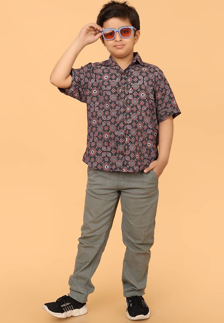 Black ajrakh print cotton shirt for boys
