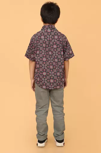 Black ajrakh print cotton shirt for boys