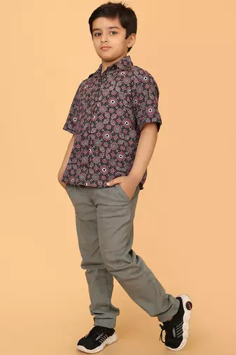Black ajrakh print cotton shirt for boys