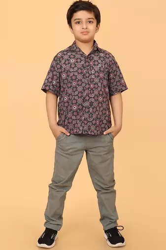 Black ajrakh print cotton shirt for boys