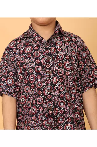 Black ajrakh print cotton shirt for boys