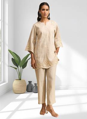 Women's linen beige embroidered short kurta with pant 1