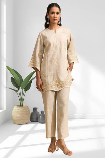 Women's linen beige embroidered short kurta with pant