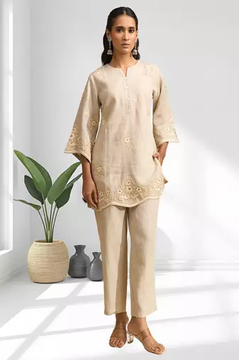 Women's linen beige embroidered short kurta with pant