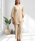 Women's linen beige embroidered short kurta with pant