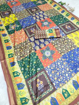 Multicolor digital print mall cotton saree with unstitched blouse 3
