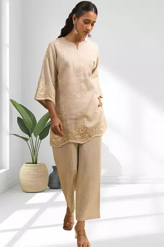 Women's linen beige embroidered short kurta with pant
