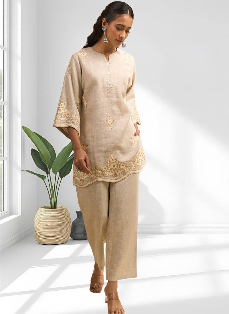 Women's linen beige embroidered short kurta with pant