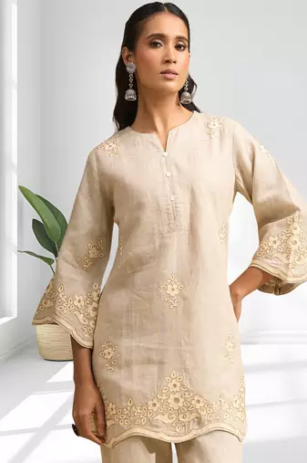 Women's linen beige embroidered short kurta with pant