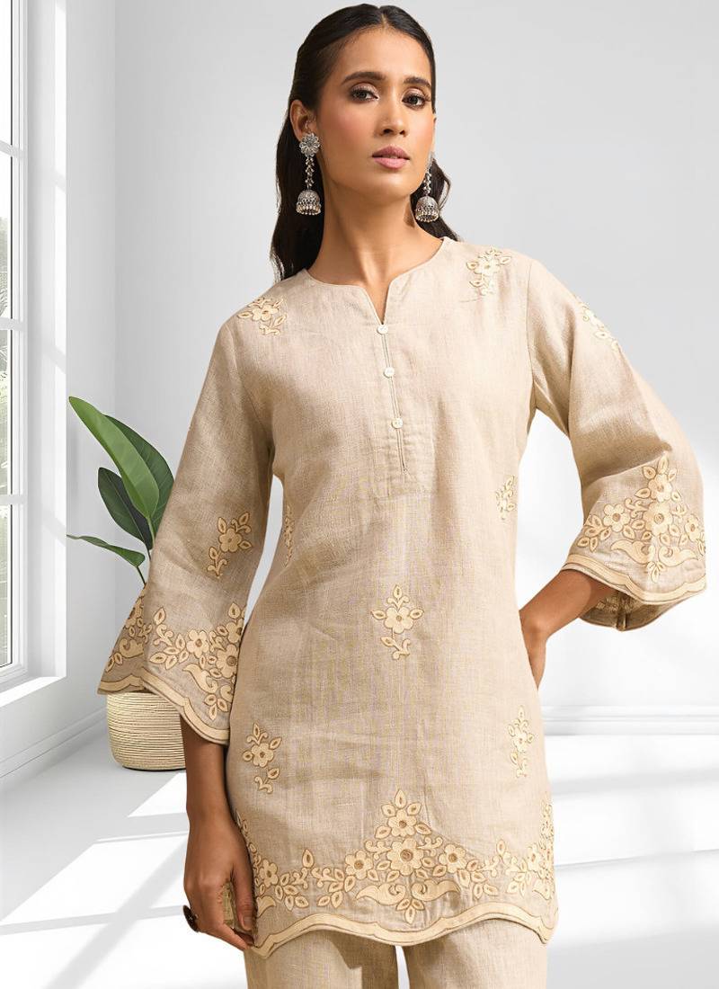 Women's linen beige embroidered short kurta with pant