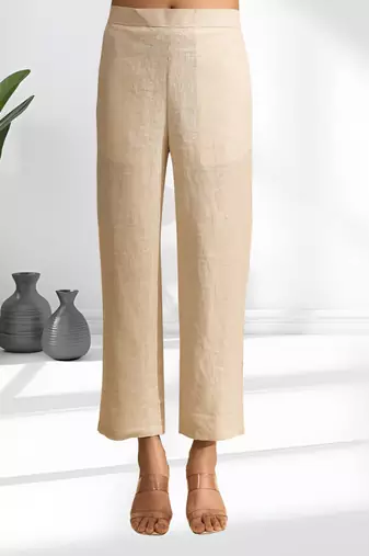 Women's linen beige embroidered short kurta with pant