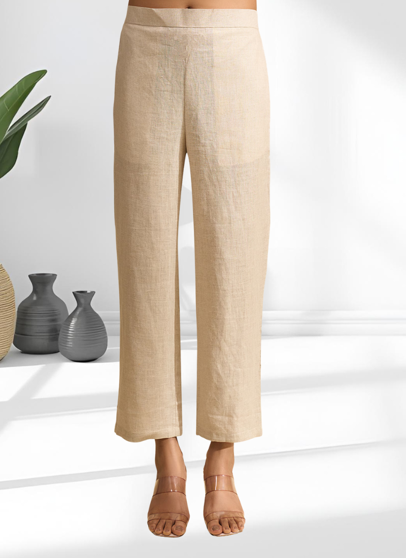 Women's linen beige embroidered short kurta with pant