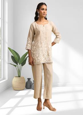 Women's linen beige embroidered short kurta with pant 1