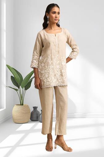 Women's linen beige embroidered short kurta with pant