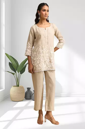 Women's linen beige embroidered short kurta with pant