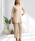 Women's linen beige embroidered short kurta with pant