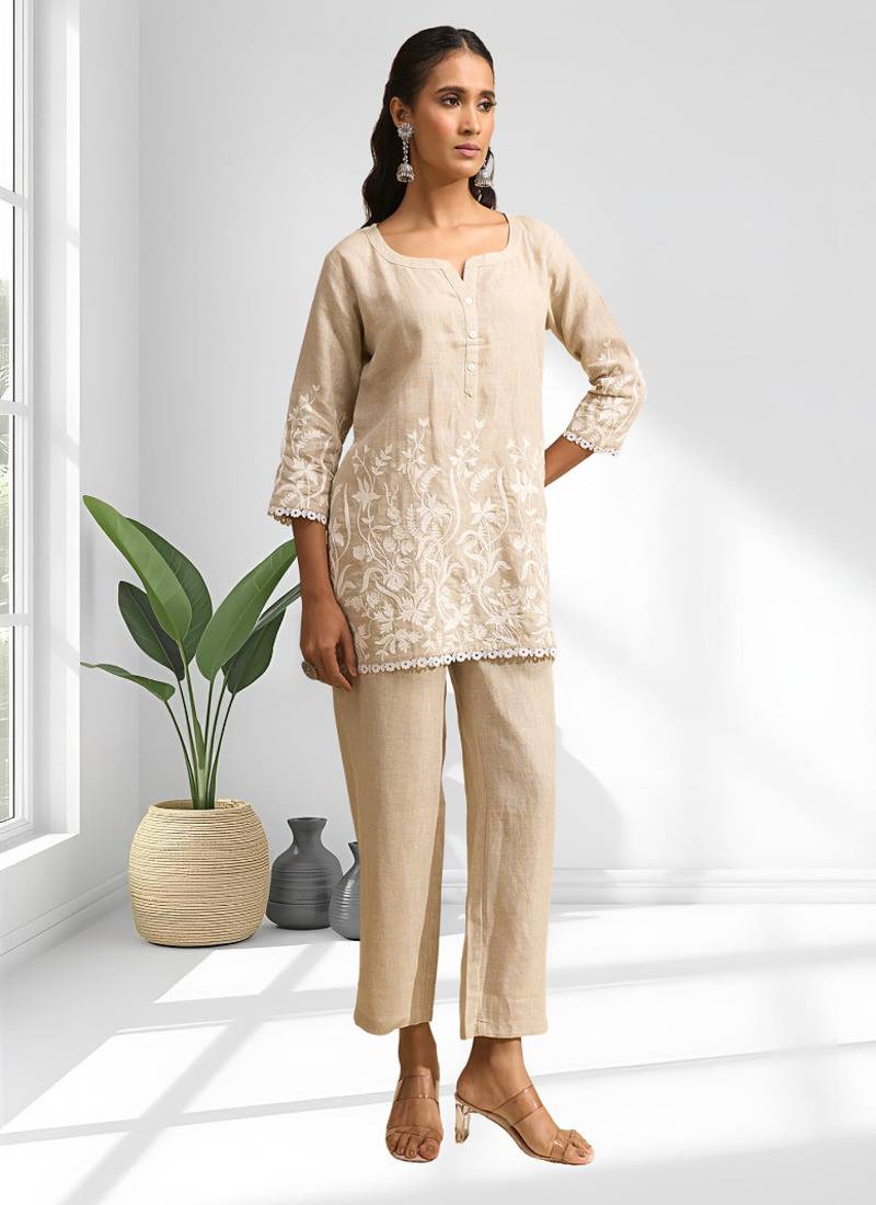 Women's linen beige embroidered short kurta with pant