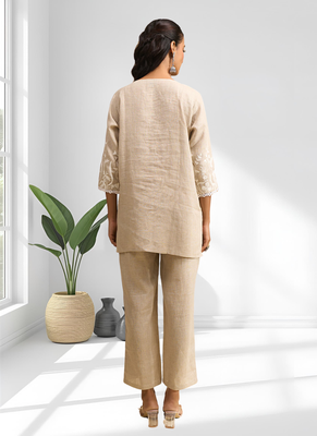 Women's linen beige embroidered short kurta with pant 2