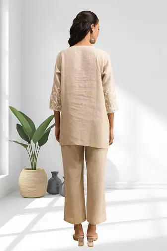 Women's linen beige embroidered short kurta with pant